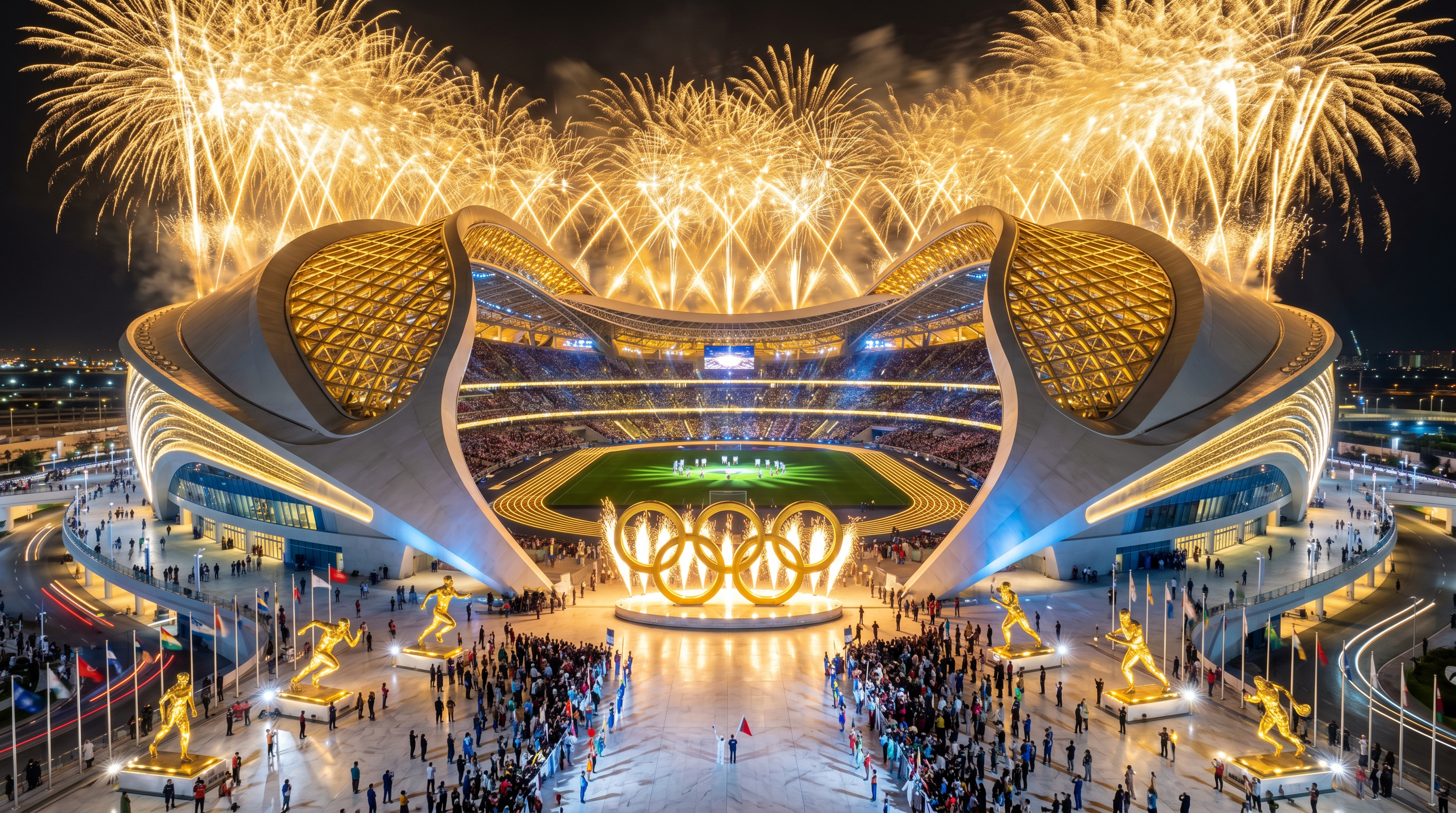 Stade Olympique Or — Vue nocturne avec feux d'artifice